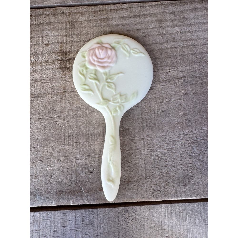 ANTIQUE CERAMIC HAND MIRROR ROSE STEM LEAVES CHILD VANITY DOLL VINTAGE OLD